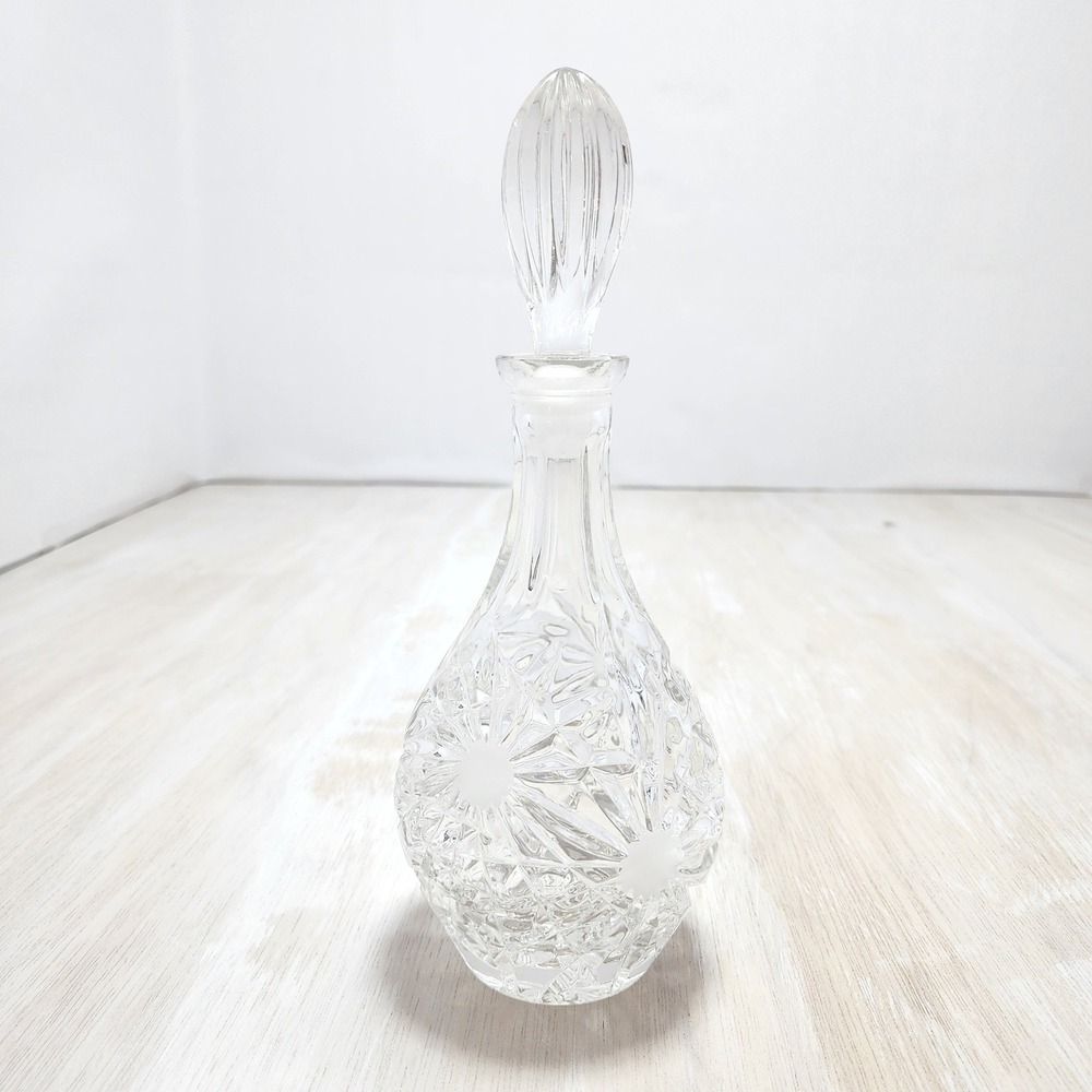 Vintage Cut Crystal Decanter with Flame Stopper Starburst Pattern Clear Glass